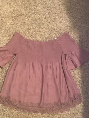 Smocked Off-Shoulder Lace-Hem Blouse in Dusty Mauve